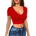 thumbnail image 1 of OJinShaWanO T-Shirt Rouge pour Femmes Manches Longues Col en V Ajusté Basique, 1 of 5
