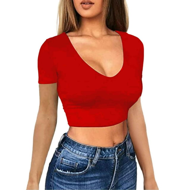 OJinShaWanO T-Shirt Rouge pour Femmes Manches Longues Col en V Ajusté Basique