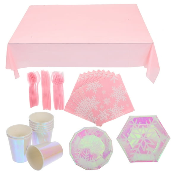 GOOHOCHY Snowflake Party Decorations with Iridescent Plates Cups and Tablecloth for Winter Wonderland Theme Parties Assorted Color Paper