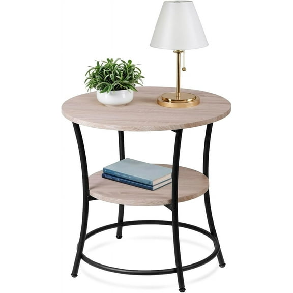 Side Table, 2-Tier Small End Table, Round Nightstand with 2 Storage Shelves for Living Room, Bedroom, Office