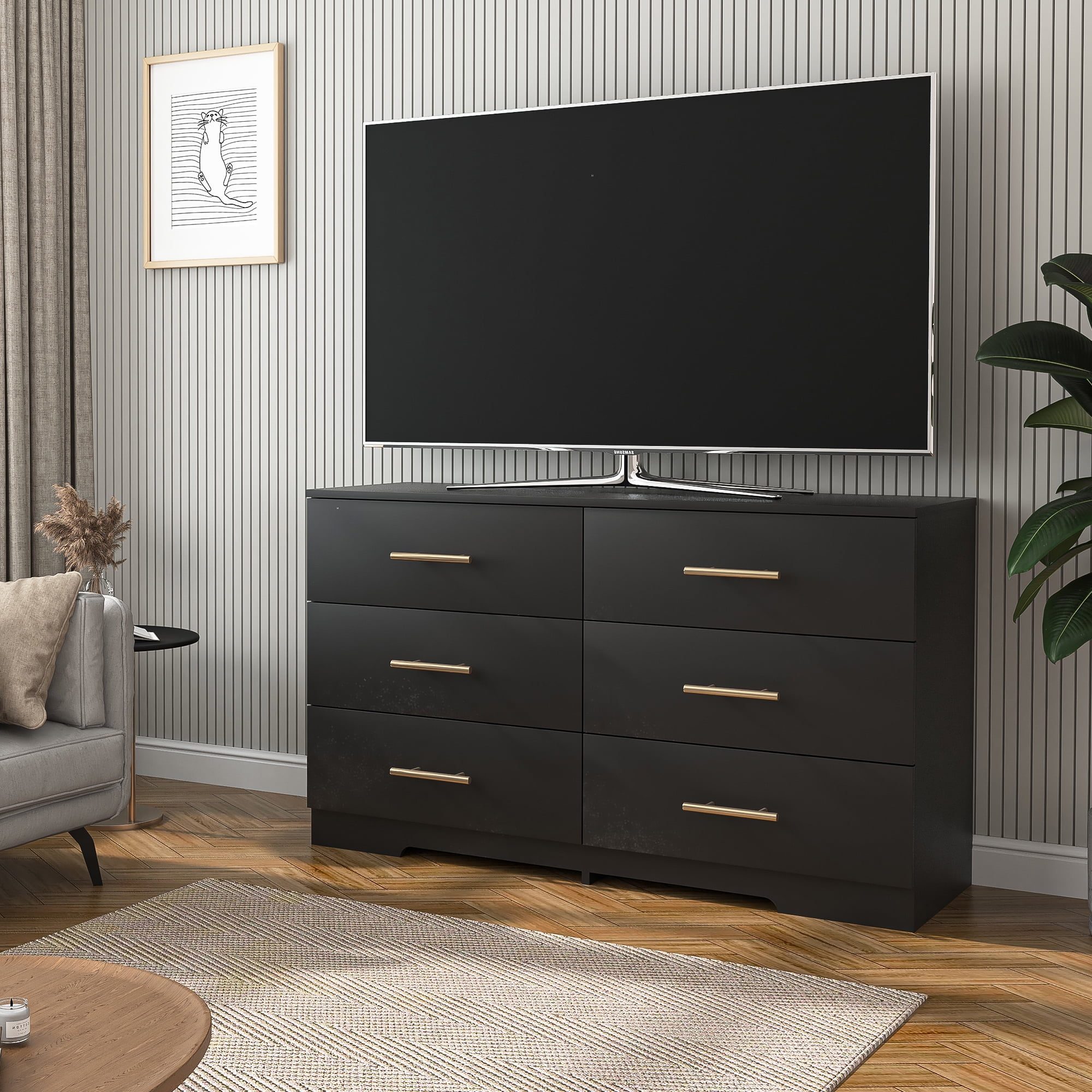 Kadyn Chest of Drawer Dressers Table, 6 Drawer Double Dresser with Golden Handle, Black Storage Cabinet for Living Room Kadyn Chest of Drawer Dressers Table, 6 Drawer Double Dresser with Golden Handle, Black Storage Cabinet for Living Room