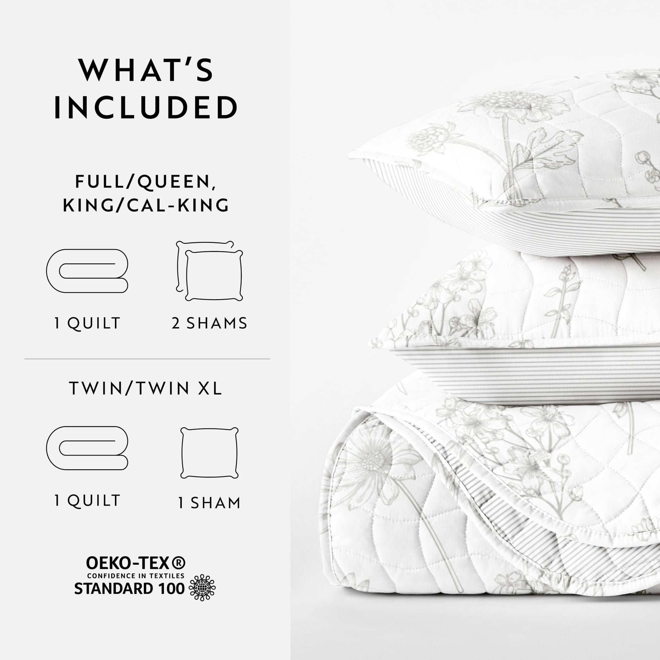 Noble Linens 3-Piece Light Gray Blooming Daisy Reversible Quilt Set, Twin