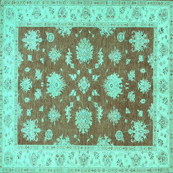 Ahgly Company Machine Washable Indoor Square Oriental Turquoise Blue Traditional Area Rugs, 4' Square