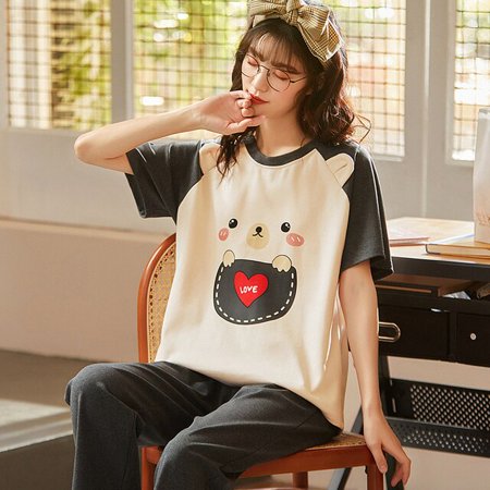 

QWZNDZGR Spring Autumn Knitted Cartoon Cotton Lady Women Pajama Sets Animal Print Sleep Lounge Casual Style Pajamas Women s Fashion Set