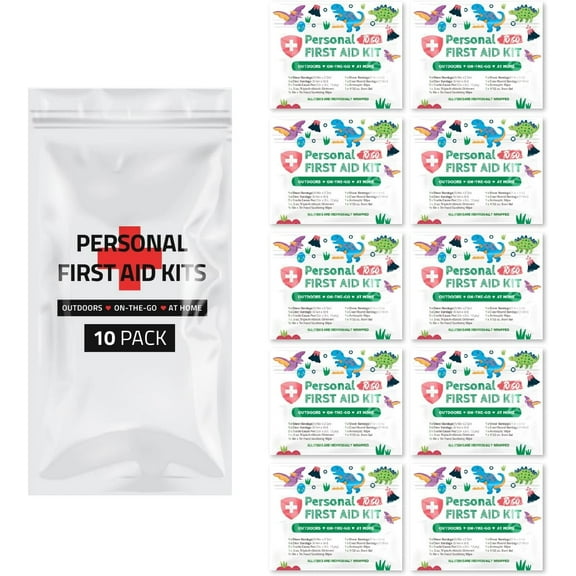 First Aid Emergency Medical Kit Mini and Travel Size - 10 Pack | Great for Kids, Schools, Business, Hiking, Camping | Wound Care Products (Dinos)