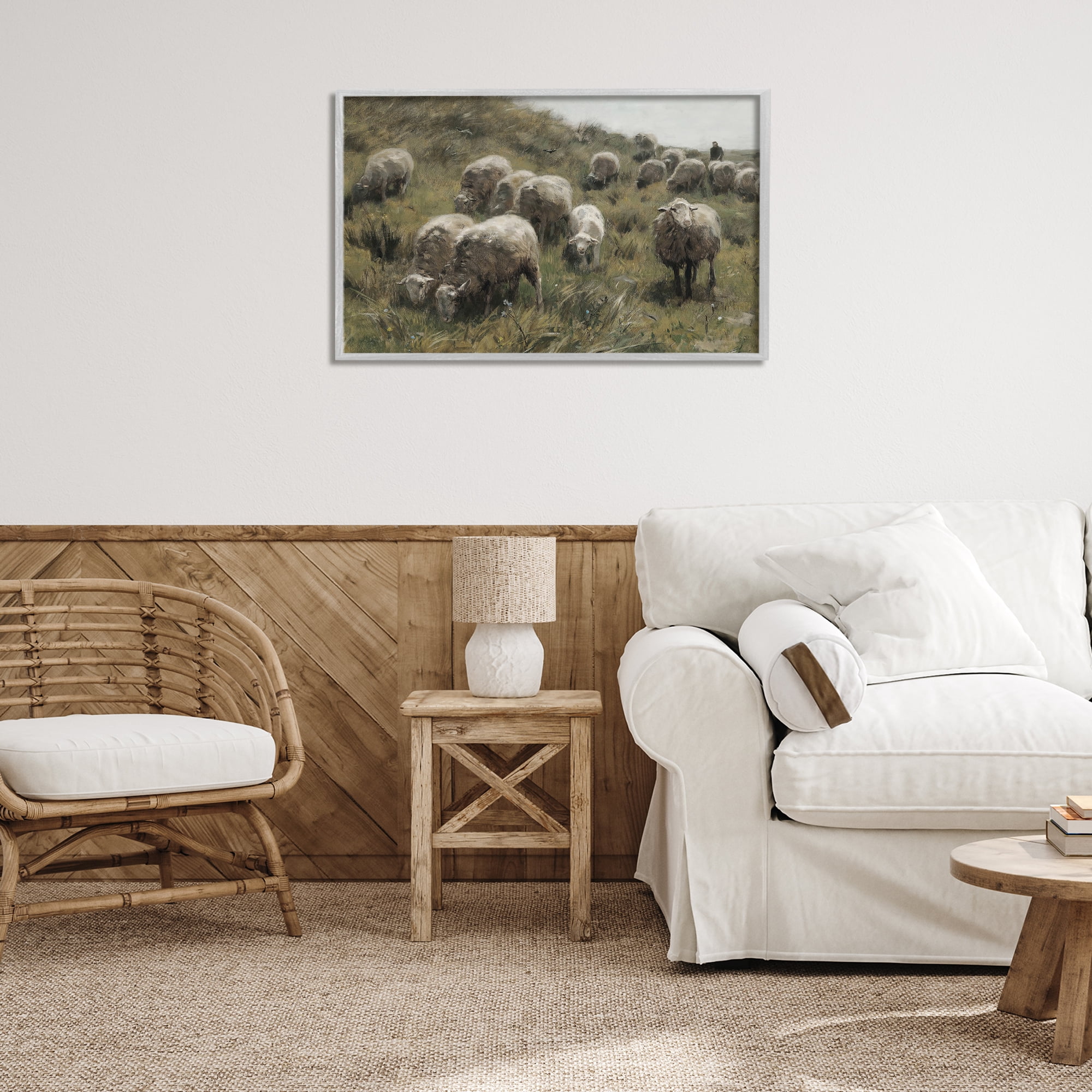 Stupell Industries Sheep At Pasture Landscape Painting Gray Framed Art Print Wall Art, 30 x 20