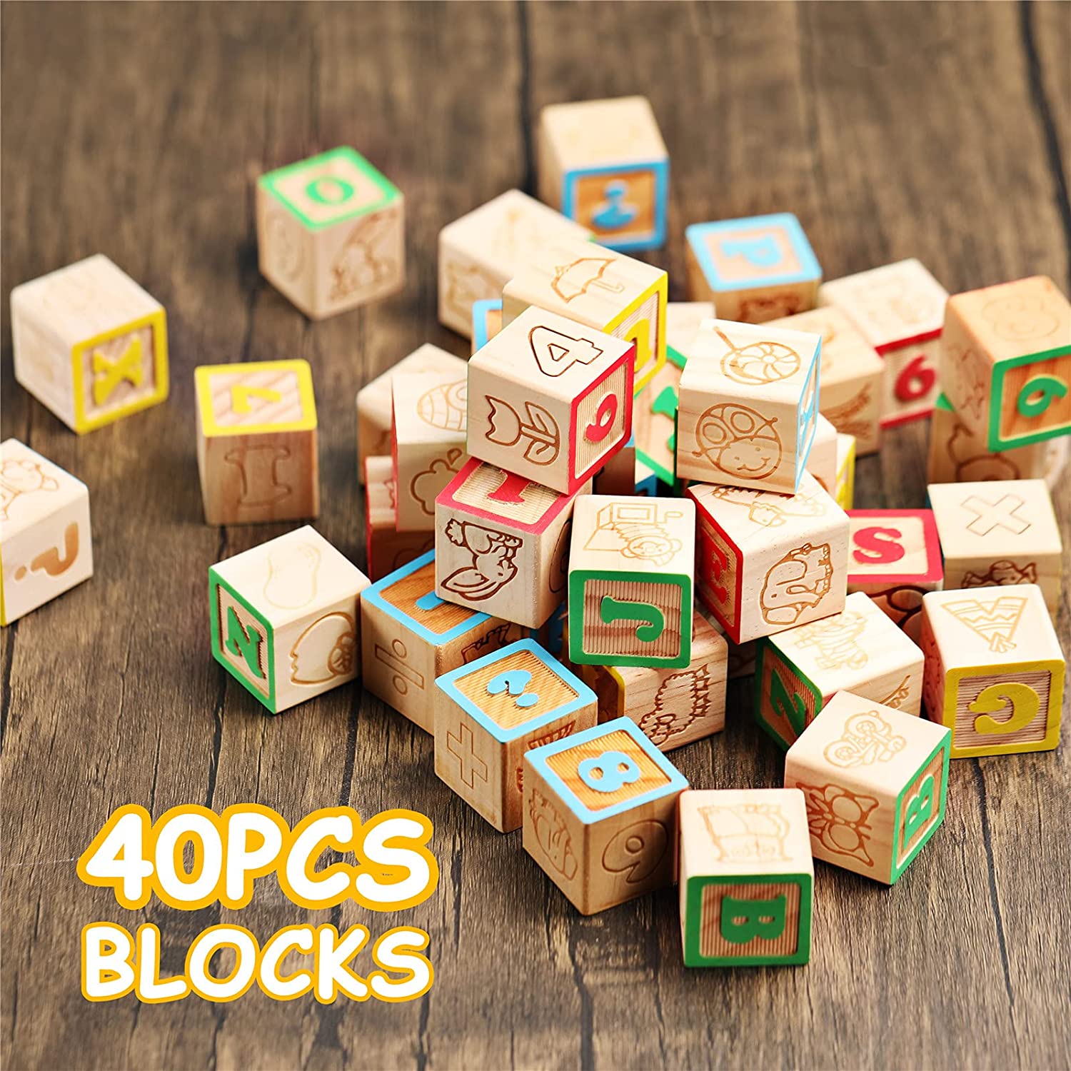 SainSmart Jr. Wooden ABC Alphabet Blocks Set, 40PCS Classic Wood Toy for Stacking Building Educational Learning, with Mesh Bag for Preschool Letters Number Counting for Ages 3 4 5 6 Toddlers,1.2" - image 2 of 7