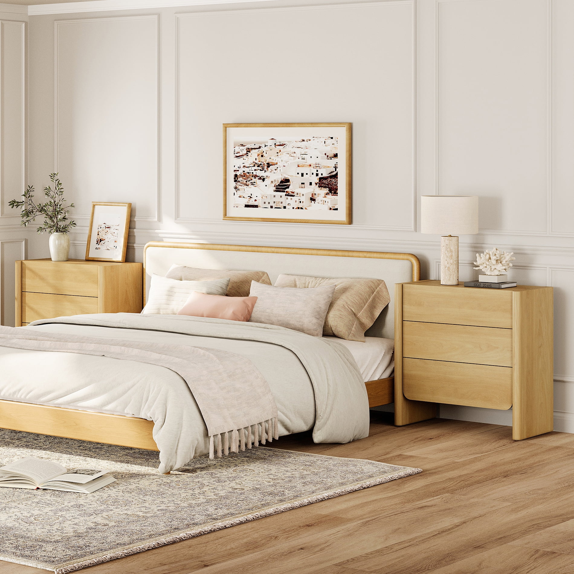 Modern French TV Stand, 63-Inch 2-Piece Media Console with 6 Push-to-Open Drawers, Supports TVs up to 70 Inches, Oak