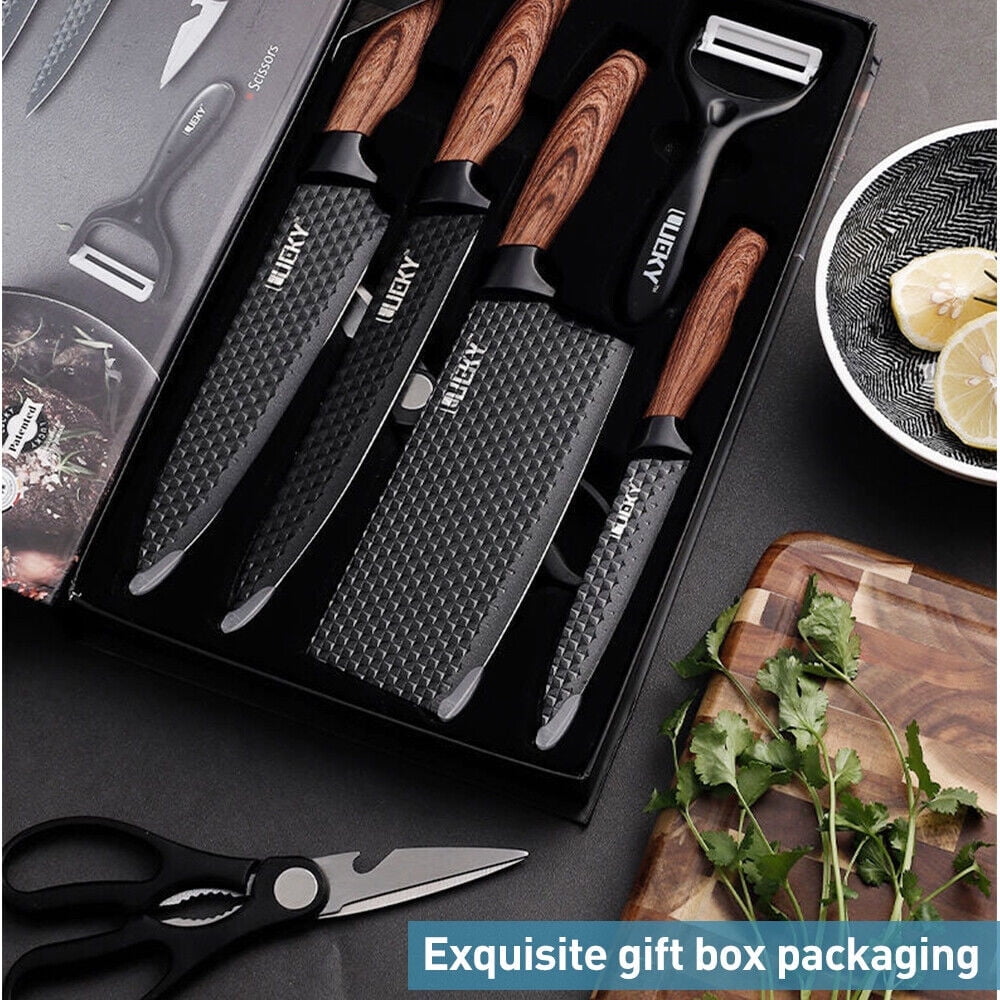 Welan 6-piece chef knife set, high-carbon stainless steel sharp blades, ergonomic handles, set with built-in scissors, suitable for Christmas holiday gifts