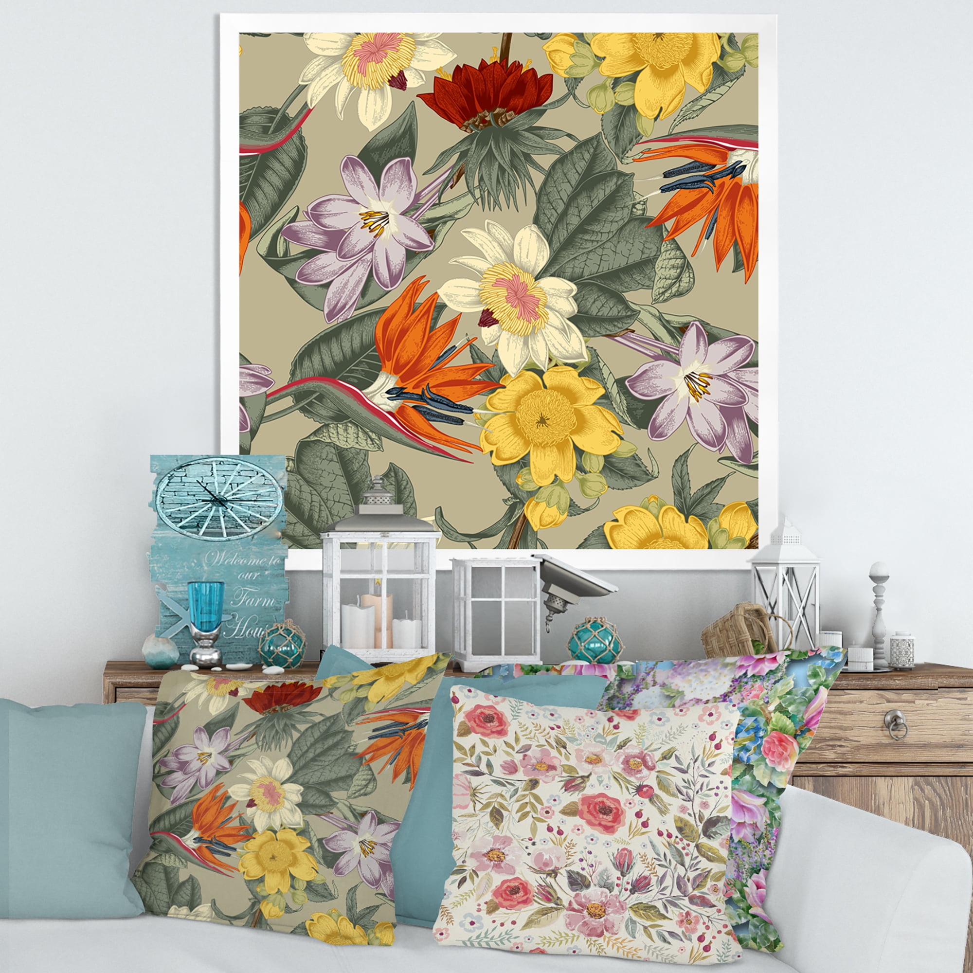 Designart 'Ancient Exotic Flowers In Orange and Yellow' Traditional Framed Art Print