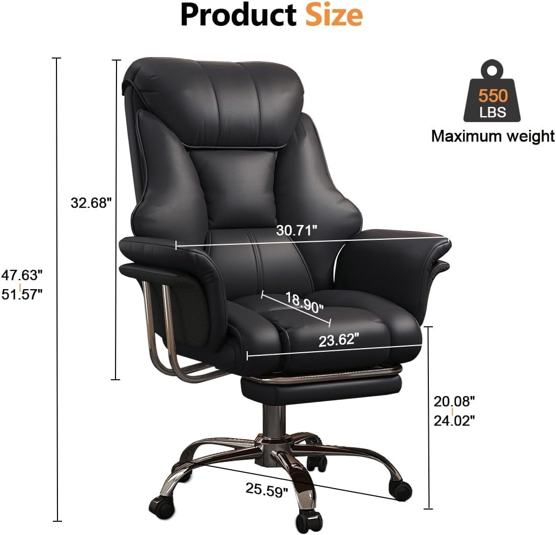 XUEGW Heavy-Duty 550 lbs Big and Tall Office Chair, Wide Seat Leather Ergonomic Executive Desk Chair with Leg Rest, Adjustable Height Computer Gaming Chair, Black