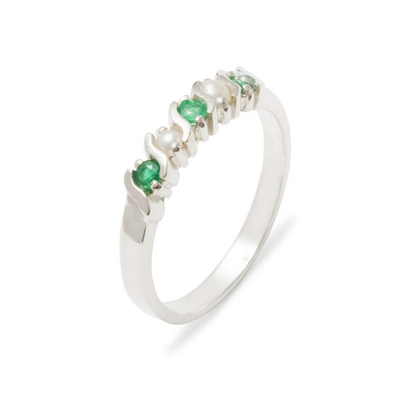 LBG British Made 9k White Gold Natural Emerald & Cultured Pearl Womens Eternity Ring - 33 size options - Sizes 4 to 12 Available