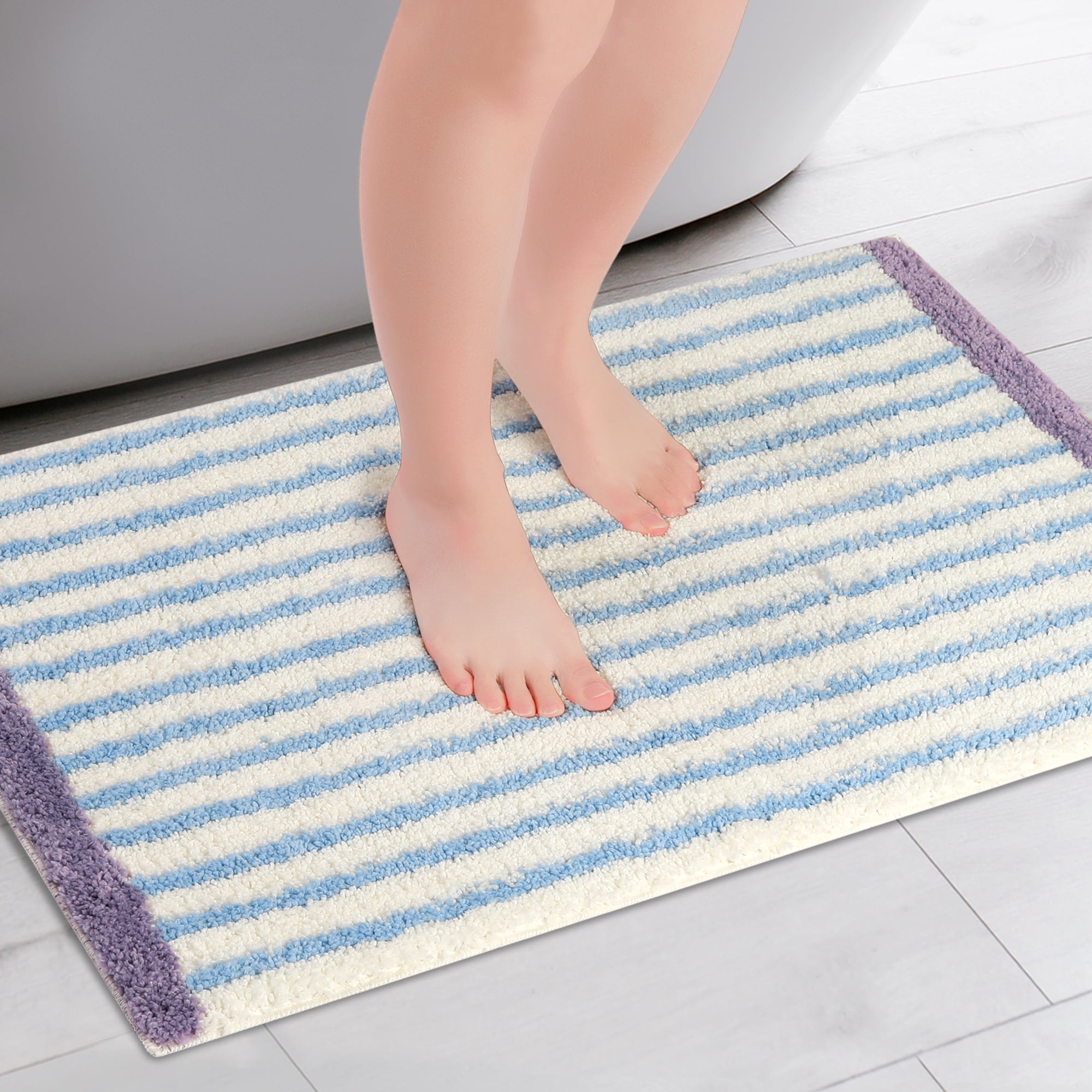 Unique Bargains 2 Pcs Striped Non-Slip Soft Bath Mats Absorbent Washable Bathmat Blue/Dark Blue 20" x 32"