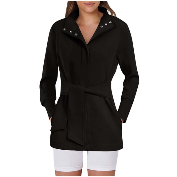 Women's Jacket with Pockets Elegant & Plus Long Sleeve Classic Lightweight Tie Waist Warm Coat Casual Plain Spring Fall Winter Button Loose Activewear Womenswear