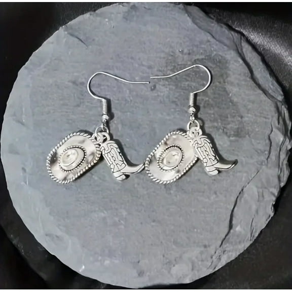 Western 2 1/4" pierced silver boot, textured hat and star dangle earrings
