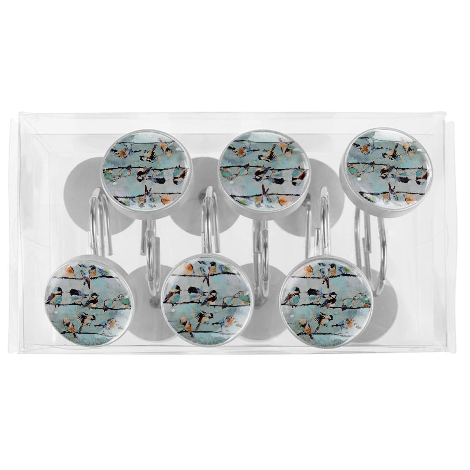 Birds Paintings Shower Curtain Hooks（Set of 12）for Home Hotel Shower Rods Bathroom Crystal Glass Print Stainless Steel Round Curtain Hooks