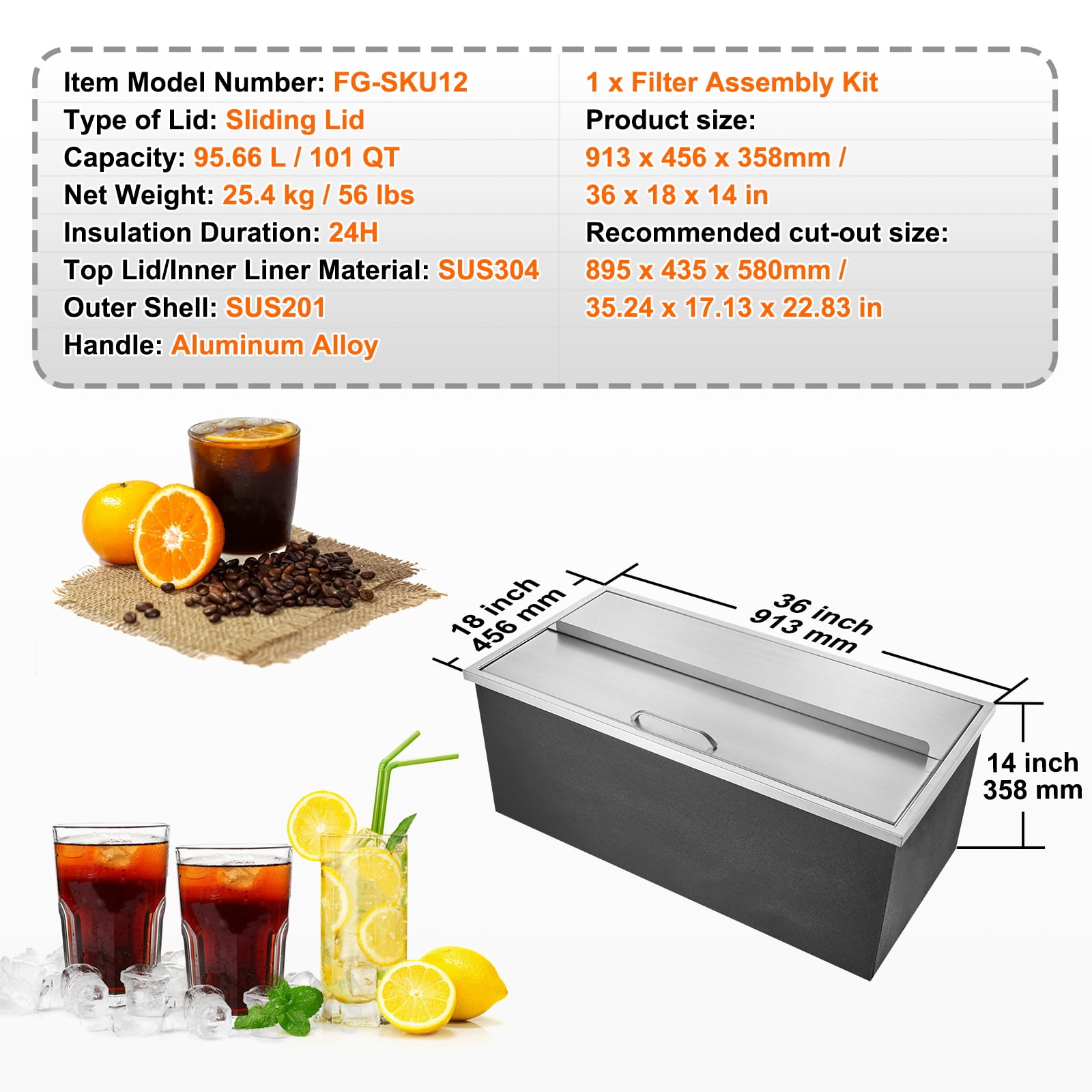 VEVOR Drop in Ice Chest 18"Lx36"Wx12"H with Sliding Cover 304 Stainless Steel Cooler Included Drain-pipe and Drain Plug Bin for Cold Wine Beer
