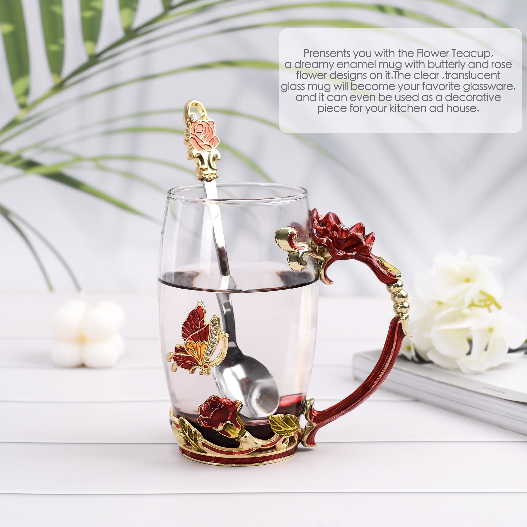 Glass Coffee Cup Tea Mug & Gifts with Spoon Set Handmade Enamel Butterfly Rose Flower for Mothers Day Gift, Women (2 Red Pack)