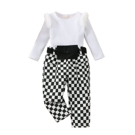 

Calsunbaby 3Pcs Kids Little Girls Pants Sets Long Sleeve Plush Patchwork T-shirt + Plaid Trousers + Waist Belt White 5-6 Years