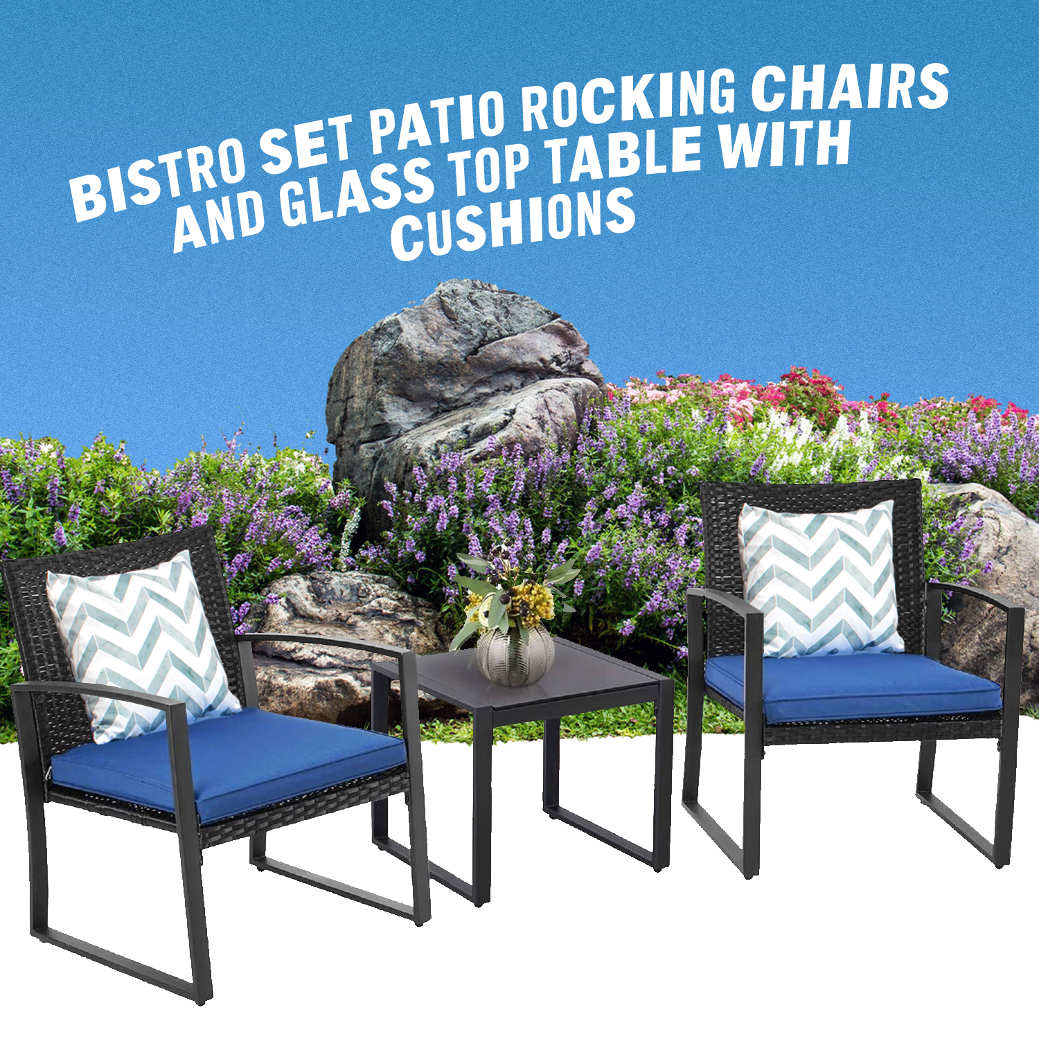 Ixir Black Wicker Furniture - 3 Piece Bistro Set for Outdoor Conversation - 2 Cushioned Rattan Chairs with Glass Coffee Table for Patio, Lawn, Porch, Lounge, Deck, Balcony & Living Room - image 3 of 7