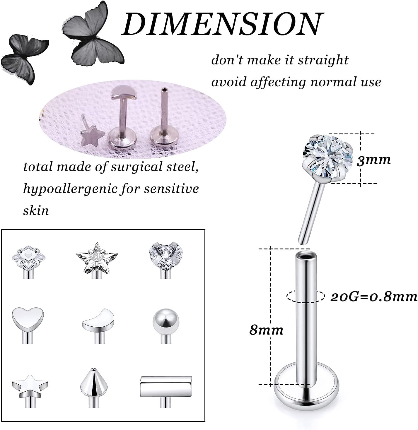 16G 18G 20G Top Threadless Push in Lip Rings Stainless Steel Flat Back Nose Rings Studs Earrings Tragus Helix Conch Cartilage Lobe Earrings Stud Piercing Jewelry for Women Men CZ 20Pcs[u963]