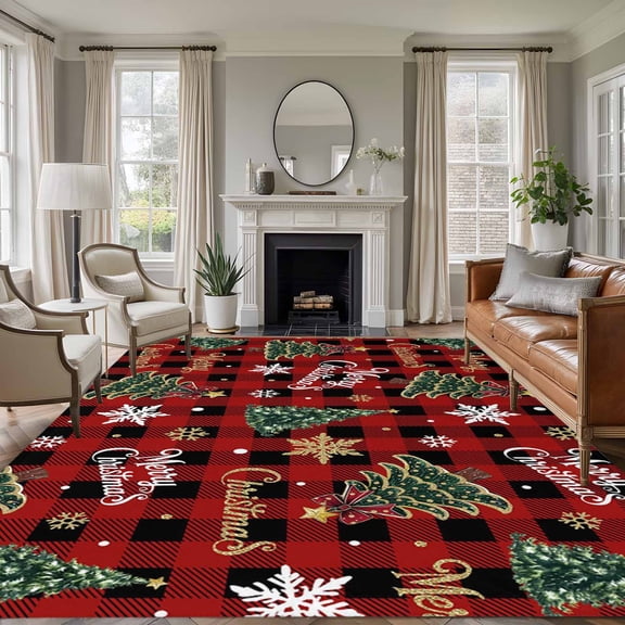 Large Area Rugs for Living Room Bedroom, Christmas 6'x9' Rug Washable Carpet Runner Indoor Outdoor, Pine Tree Gold White Snowflake Red Black Plaid Non Slip Floor Mats Rug for Kitchen, Playroom