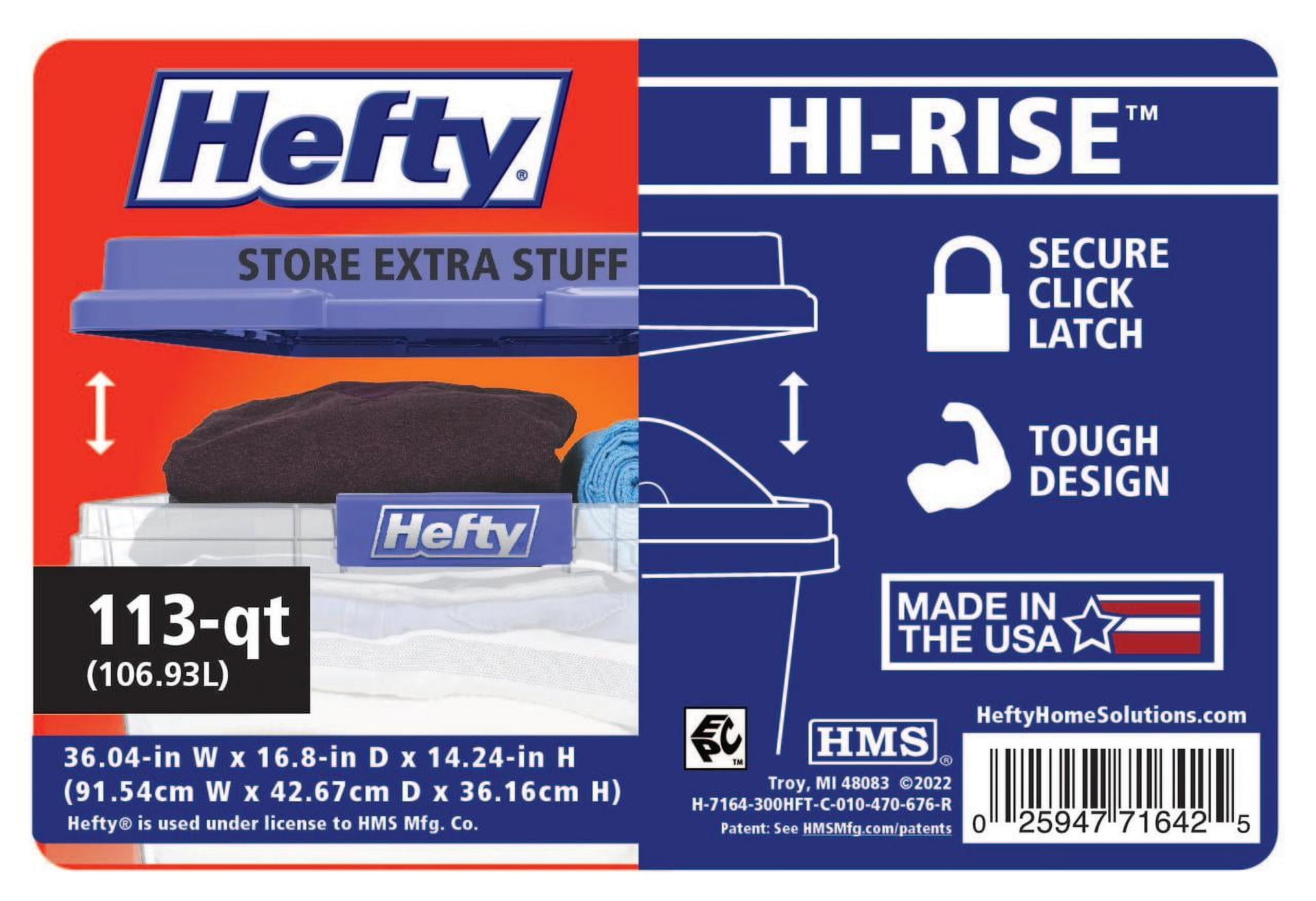 Hefty HI-RISE 113 Quart Large Latching Storage Bin, Clear Plastic Storage Container with Latch HI-RISE Lid, Blue