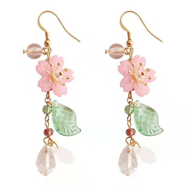 Pendientes largos con borlas y flores de pétalos de cereza, muy femeninos