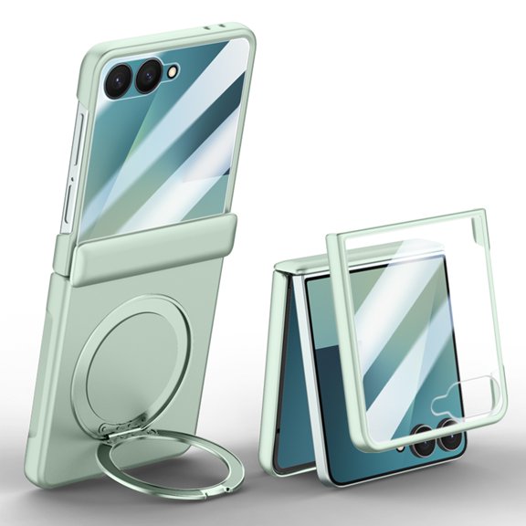 Case for Samsung Galaxy Z Flip 7, Matte PC Cover with Hinge Protection, 360° Rotatable Ring Kickstand, Screen Protector for Outer Display, Magnetic Wireless Charging Compatible, Lightgreen