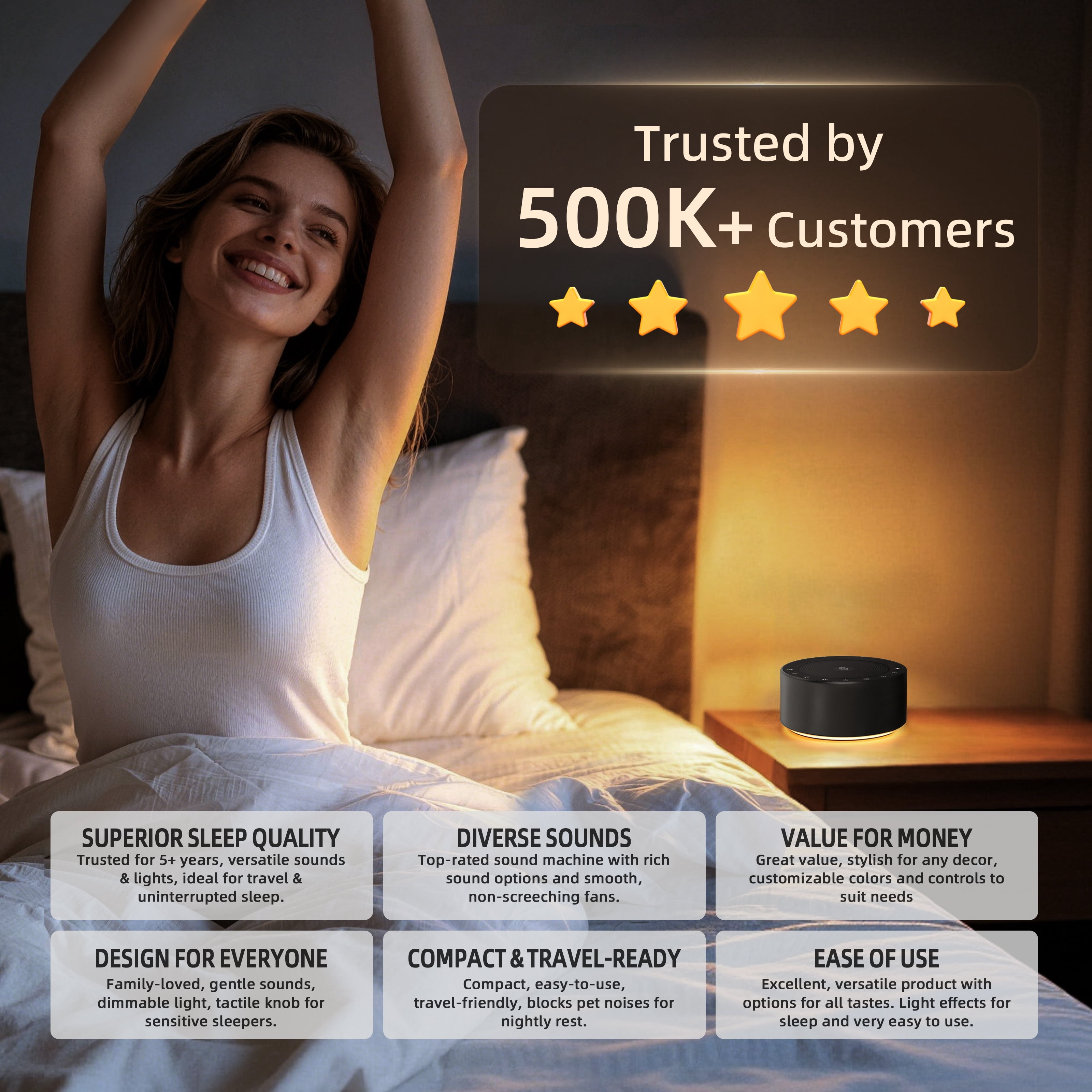 Kipcush White Noise Sound Machine with Night Light, 30 Soothing Sounds for Baby & Adults  Black