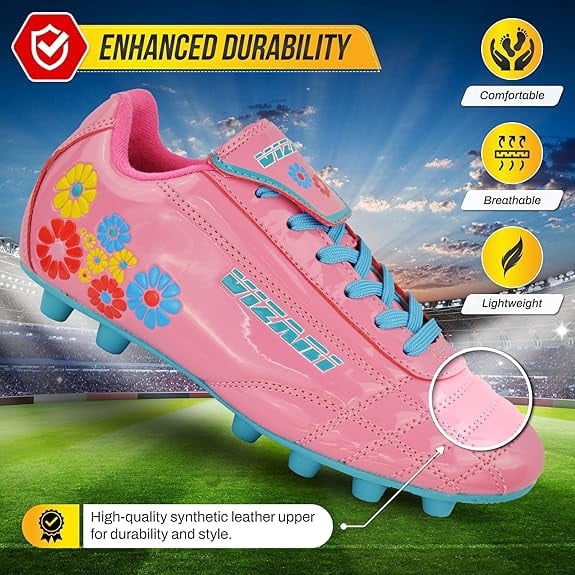 Vizari Blossom Soccer Cleats for Kids, Toddlers, and Youth – Comfortable and Durable Firm Ground Outdoor Shoes - Pink/Blue, 10