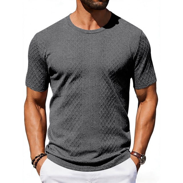 Ceisia T-Shirt à Col Rond Texturé en Chevrons pour Hommes / Coupe Ajustée Manches Courtes Couleur Unie Haut Décontracté Cadeaux
