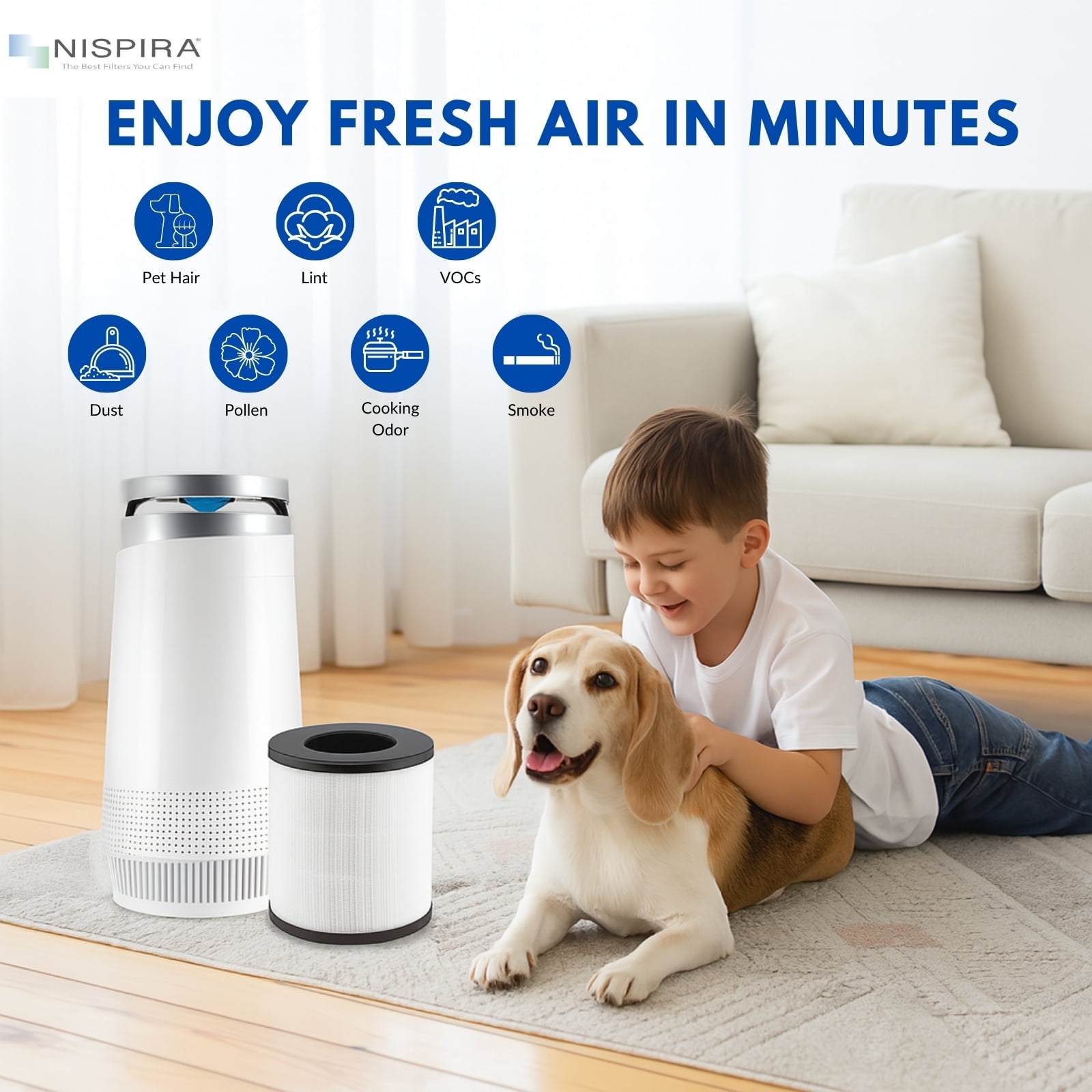 Nispira TD-1300 4-in-1 True HEPA Replacement Filters Compatible with Tredy TD-1300, Tenergy Renair, Cool-Living CL-6070A, BEABA Air Purifier, 2 Packs