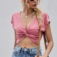 thumbnail image 4 of Mittory Women's Twist Front V Neck Short Sleeve T Shirt Tie Backless Solid Crop Tops, 4 of 5