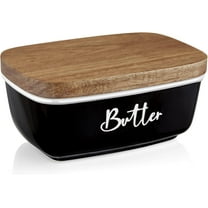 Large Ceramic Butter Dish with Acacia Wooden Lid, Black Butter Keeper for Countertop, Kitchen Decor and Accessory