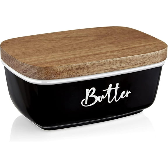 Large Ceramic Butter Dish with Acacia Wooden Lid, Black Butter Keeper for Countertop, Kitchen Decor and Accessory
