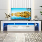 UHOMEPRO TV Stand for TV up to 80, High Gloss Entertainment Center with RGB LED Lights and Storage Shelves, White Media Console for Living Room