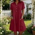 thumbnail image 3 of SAWOBUUN Women Cotton Linen Shirt Dress Short Sleeve Collar Washed Crinkle Loose Midi Dresses Summer Casual Tunic Dress with Side Pockets, 3 of 7