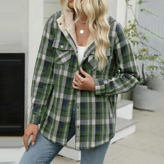 EchfiProm Women's Army Green Plaid Hooded Jacket Fleece Lined Long Sleeve Button Coat