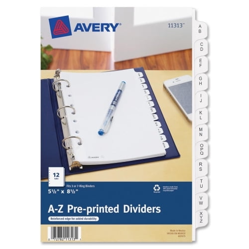 Avery Mini Preprinted Dividers, 5-1/2' x 8-1/2' , 12-Tab Set, A-Z (11313) A-Z - 12 Tab(s)/Set - 5.5' Divider Width x 8.50' Divider Length - 7 Hole Punched - White Paper Divider - Paper Tab(s) - 2