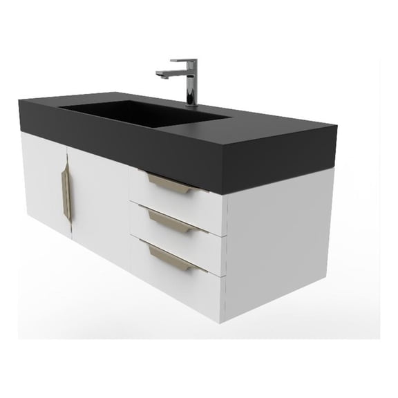 Amazon 48" White Wood Floating Vanity with Black Top and Gold Trim