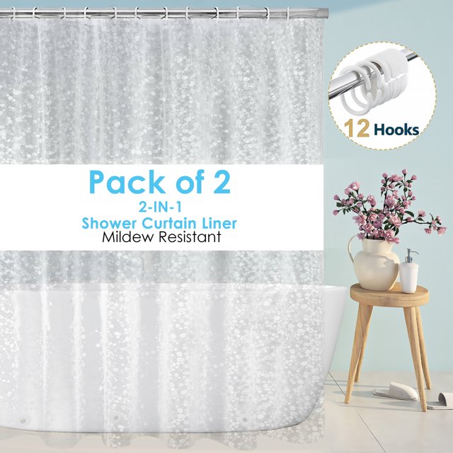 Dznils Cortina de Ducha Extra Larga de PEVA Transparente con Ganchos Resistente a los Hongos, 70" Ancho x 78" Alto, Guijarros 3D, Paquete de 2