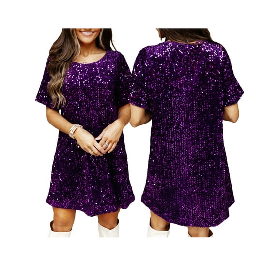 Women Short Sleeve Sparkle Sequin Mini Dresses Loose Sparkly Tunic T Shirt Dress Cocktail Club Party Dresses