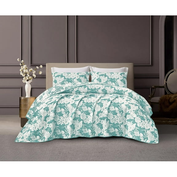 CHARLOTTE FLOWERS TURQUOISES COLOR DECORATIVE BEDSPREAD SET 3 PCS QUEEN SIZE