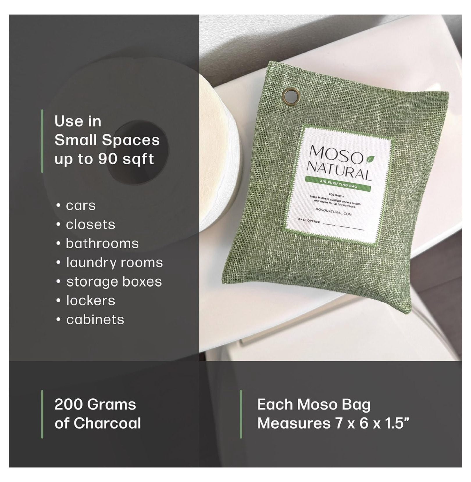 Air Purifying Bag 200g (3 Pack). A Scent Free Odor for Cars, Closets, Bathrooms, Pet Areas. Premium Moso Bamboo Charcoal Odor Absorber. Two Year Lifespan! (Green)