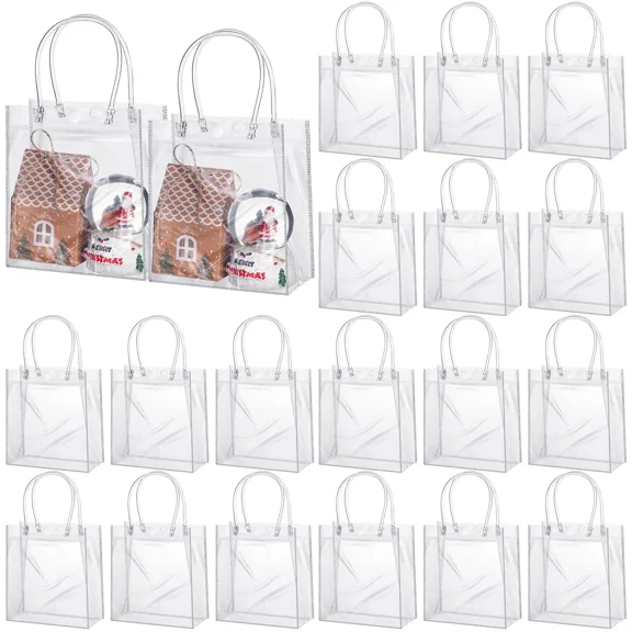 25 Pack 6.3" x 5.9" x 2.8" Clear Gift Bags with Handle, Reusable Plastic Small Gift Bags for Valentine's Day Party Favors Wedding Birthday