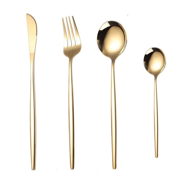 XmhyTop Juego de cubiertos, 16 piezas de cuchillos, cucharas y tenedores de acero inoxidable para el hogar, la cocina y el restaurante, pulido espejo, apto para lavavajillas (dorado)