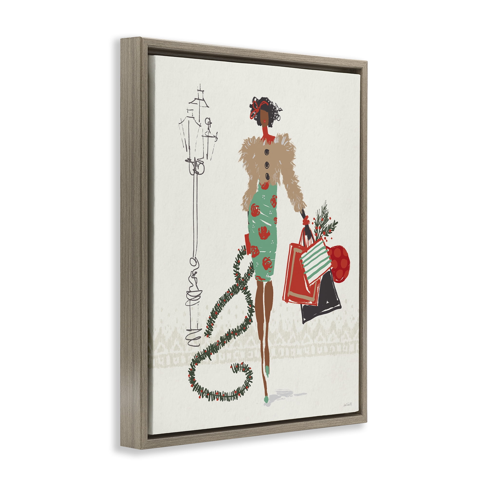 Stupell Industries Festive Shopping Girl Holiday Painting Brown Floater Framed Canvas Art Prints Wall Art, 25 x 31