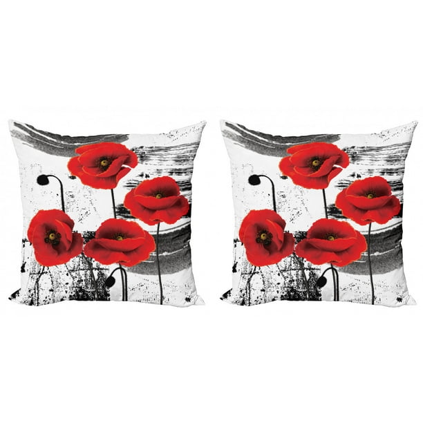 Poppy Throw Pillow Cushion Cover Pack of 2, Composition of Blossoming Flowers with Grunge Brush