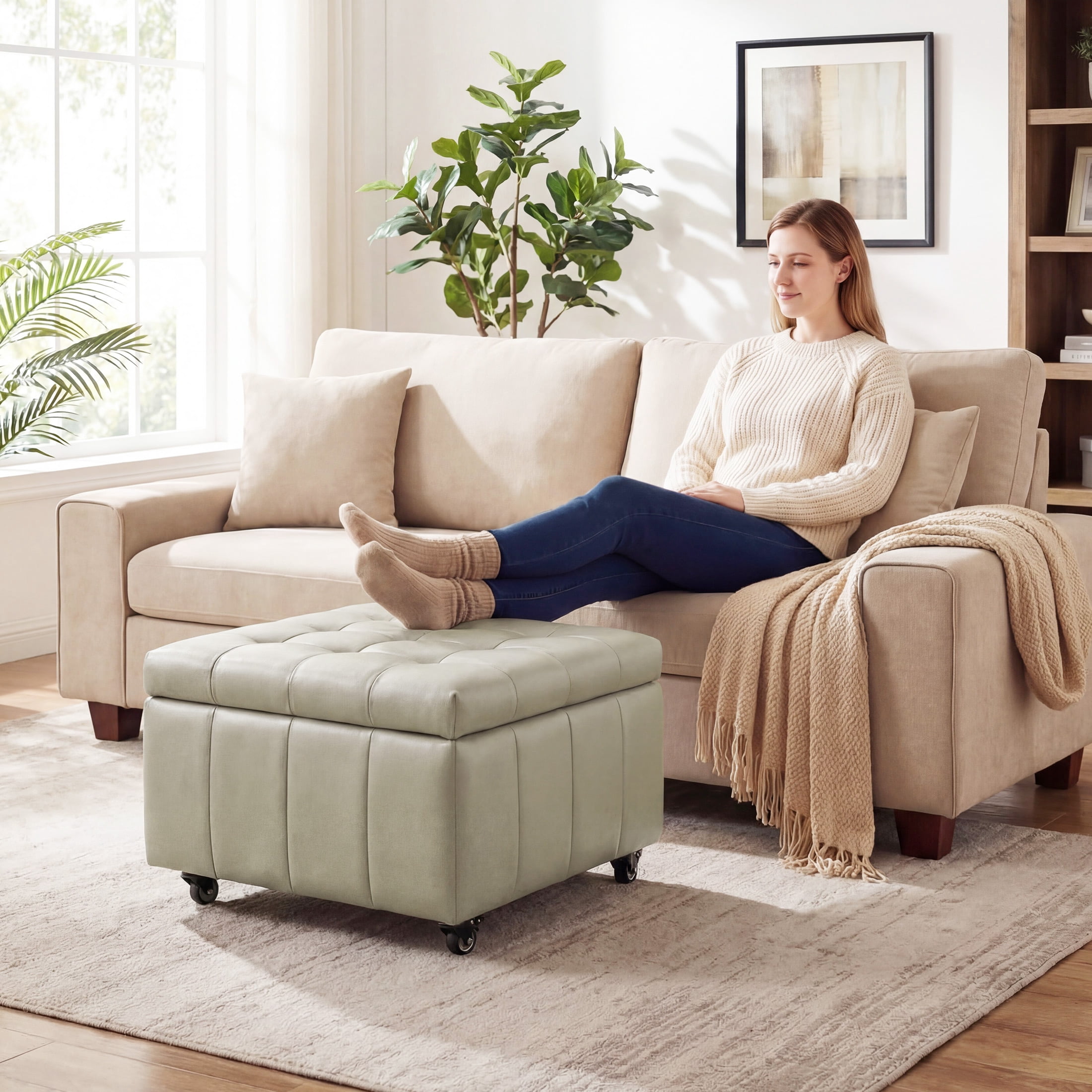 Poshby Square Faux Leather Storage Ottoman, Coffee Table Footrest Stool with Pulley Legs for Living Room or Bedroom, Grey